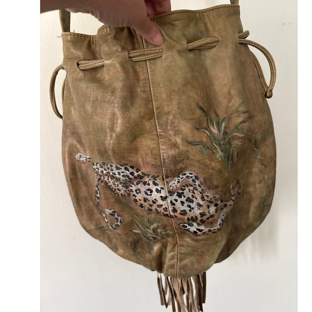 Vintage Fancy Nancy Leather Painted Leopard Arsty Bucket Handbag Art To Wear